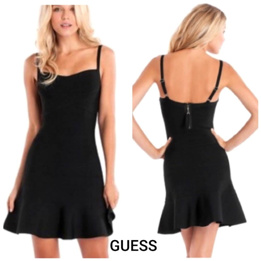 GUESS Black Knit Spaghetti Strap Bandage Aline Dress